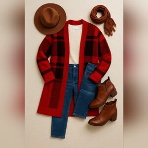 Old Navy Red Black Plaid Longline Cardigan Sweater XS